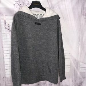 Pink - gray hoodie with camouflage pink logo. From pockets